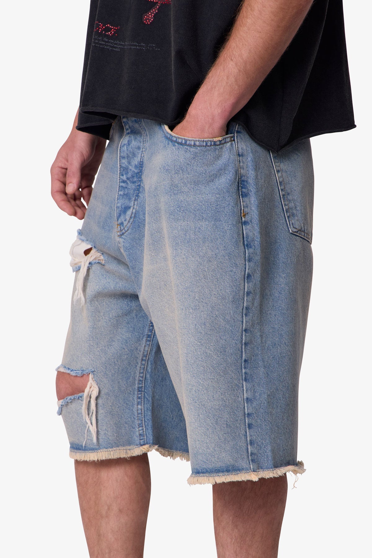 Baggy Distressed Denim Shorts - Light Blue