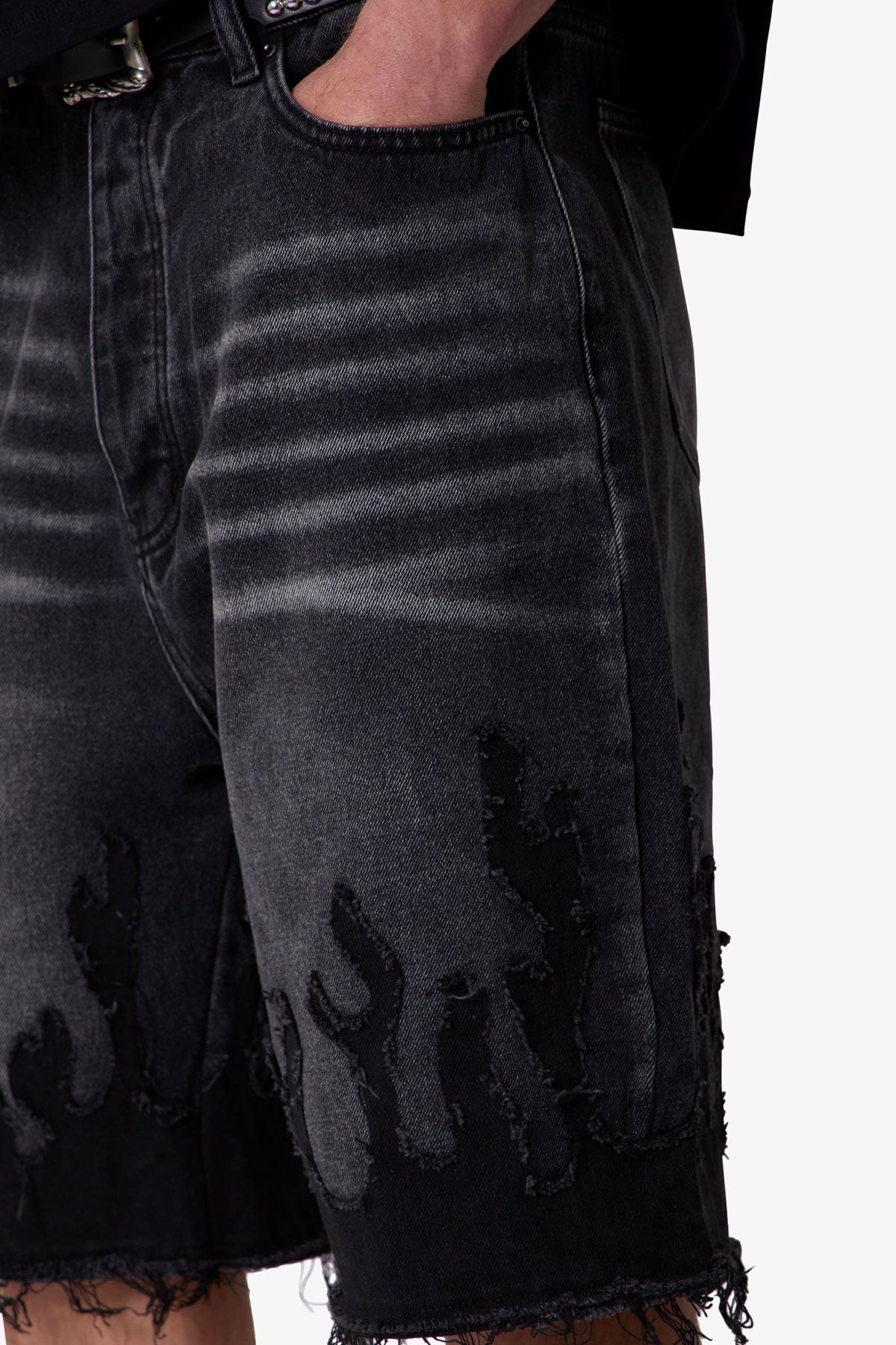 Baggy Flame Denim Shorts - Black
