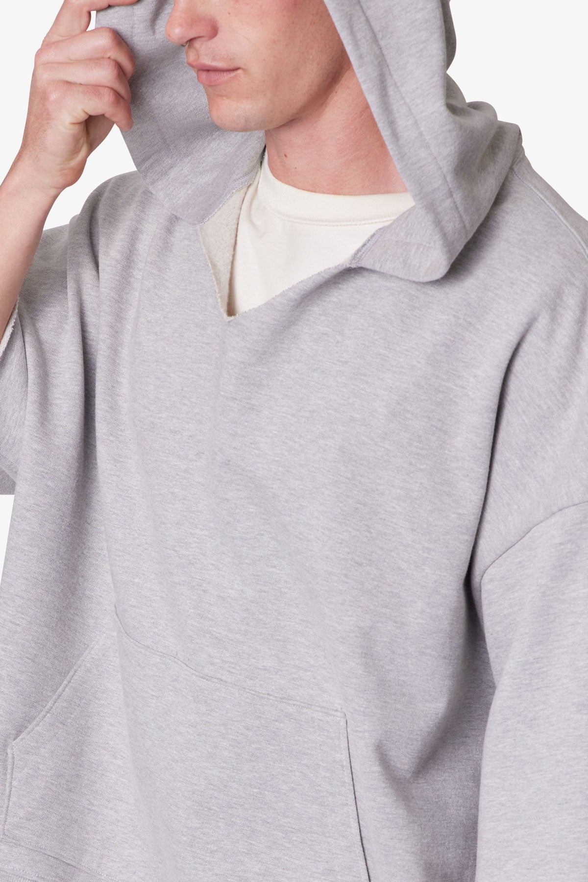 Hooded 3/4 Sleeve Rag Sweater - Grey