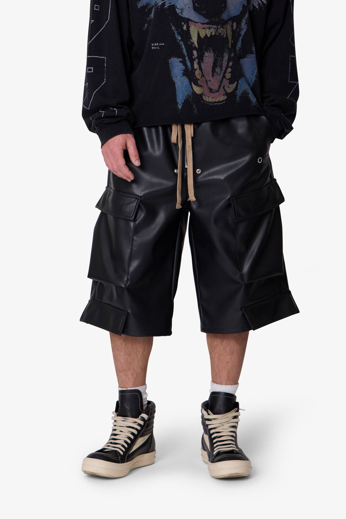 Leather Rave Cargo Shorts - Black