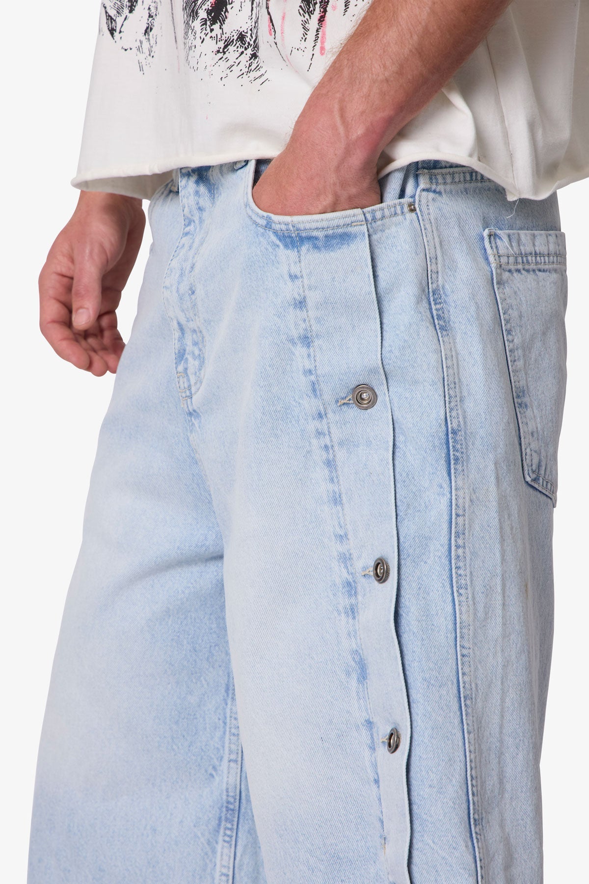 Ultra Baggy Offset Button Denim Shorts - Light Blue
