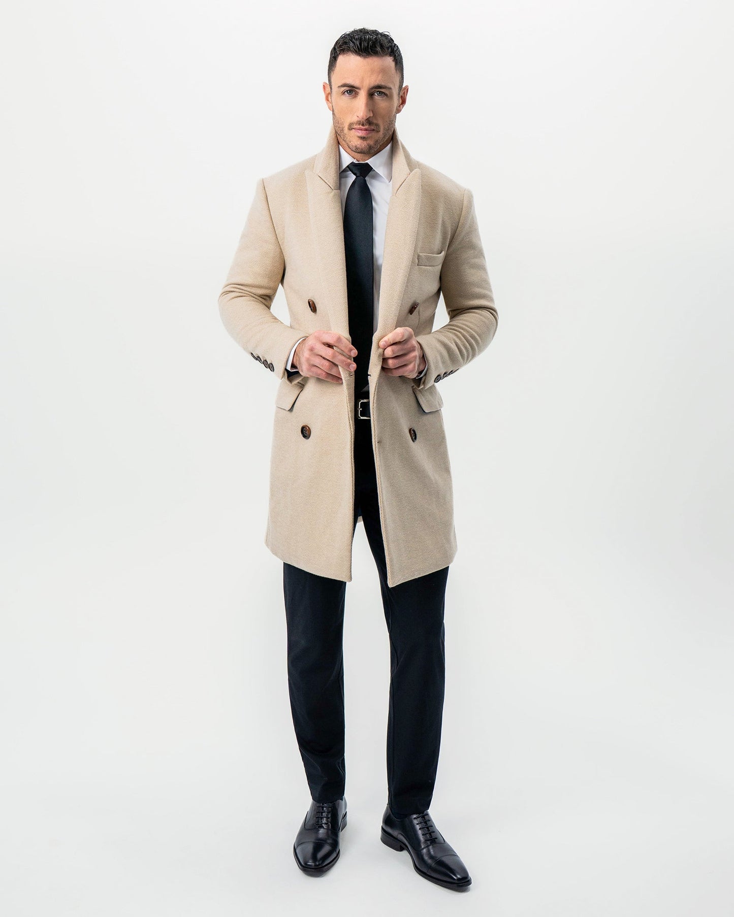 Double Breasted Overcoat - Tan Herringbone