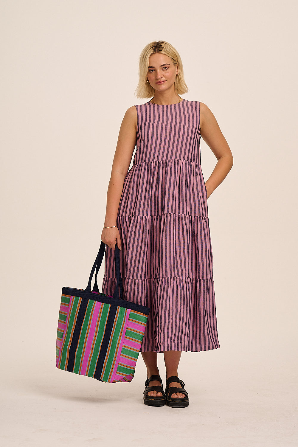 Frankie Linen Dress - Purple & Pink Stripe