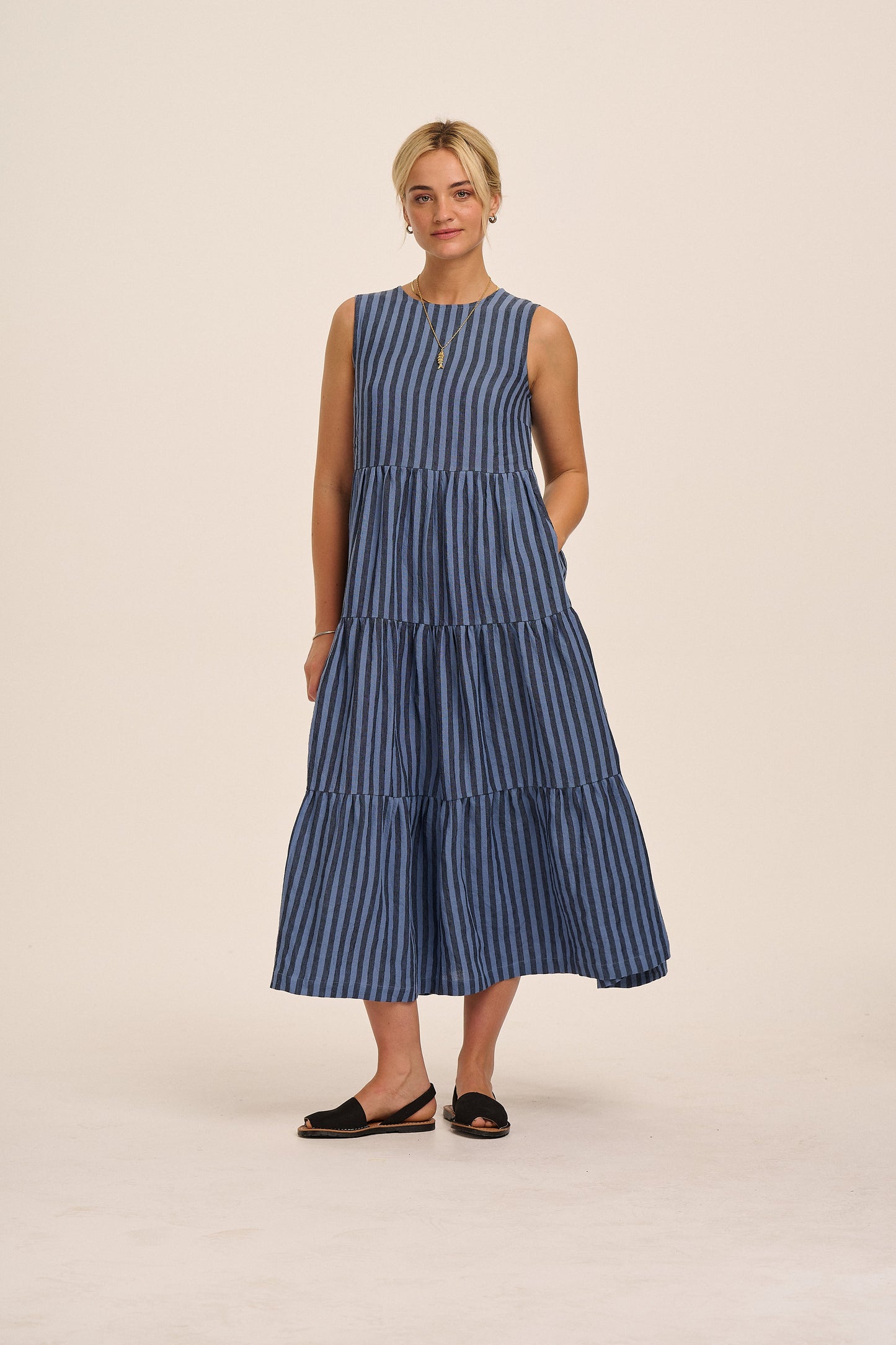 Frankie Linen Dress - Tonal Blue Stripe
