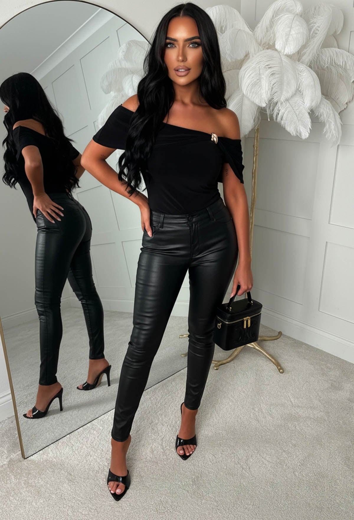 Gleam Curve Black Bardot Gold Detail Asymmetric Top