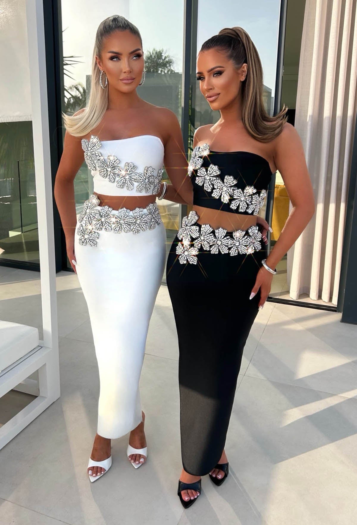 Goddess Mode On Black Diamante Flower Maxi Skirt Co-Ord Set