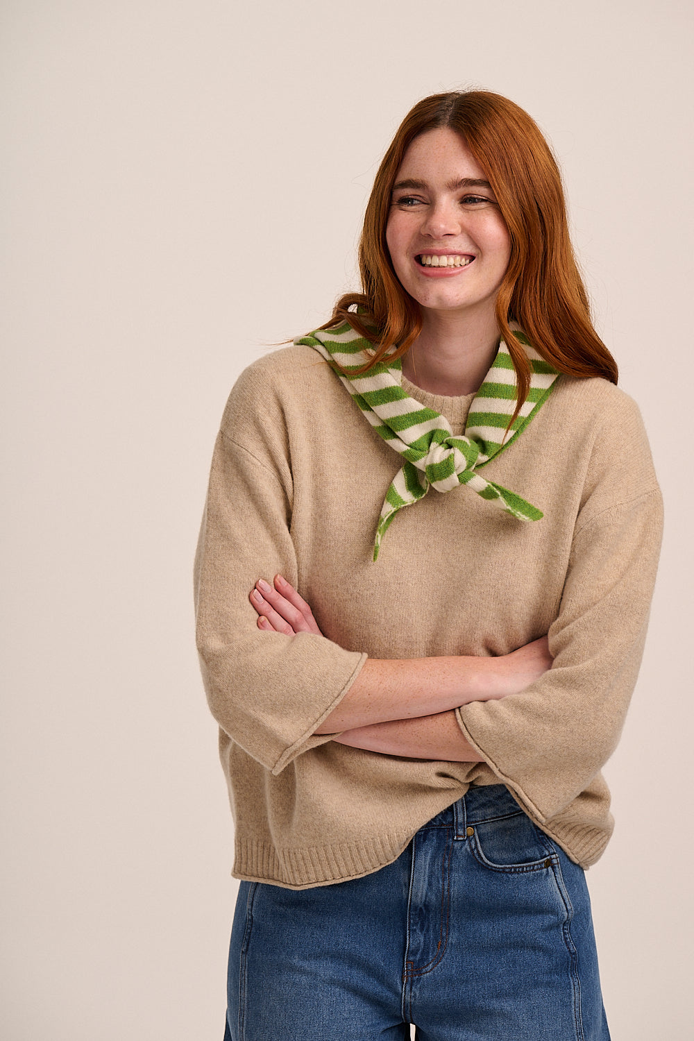 Nova Merino Wool Knitted Triangle Scarf - Green Stripe