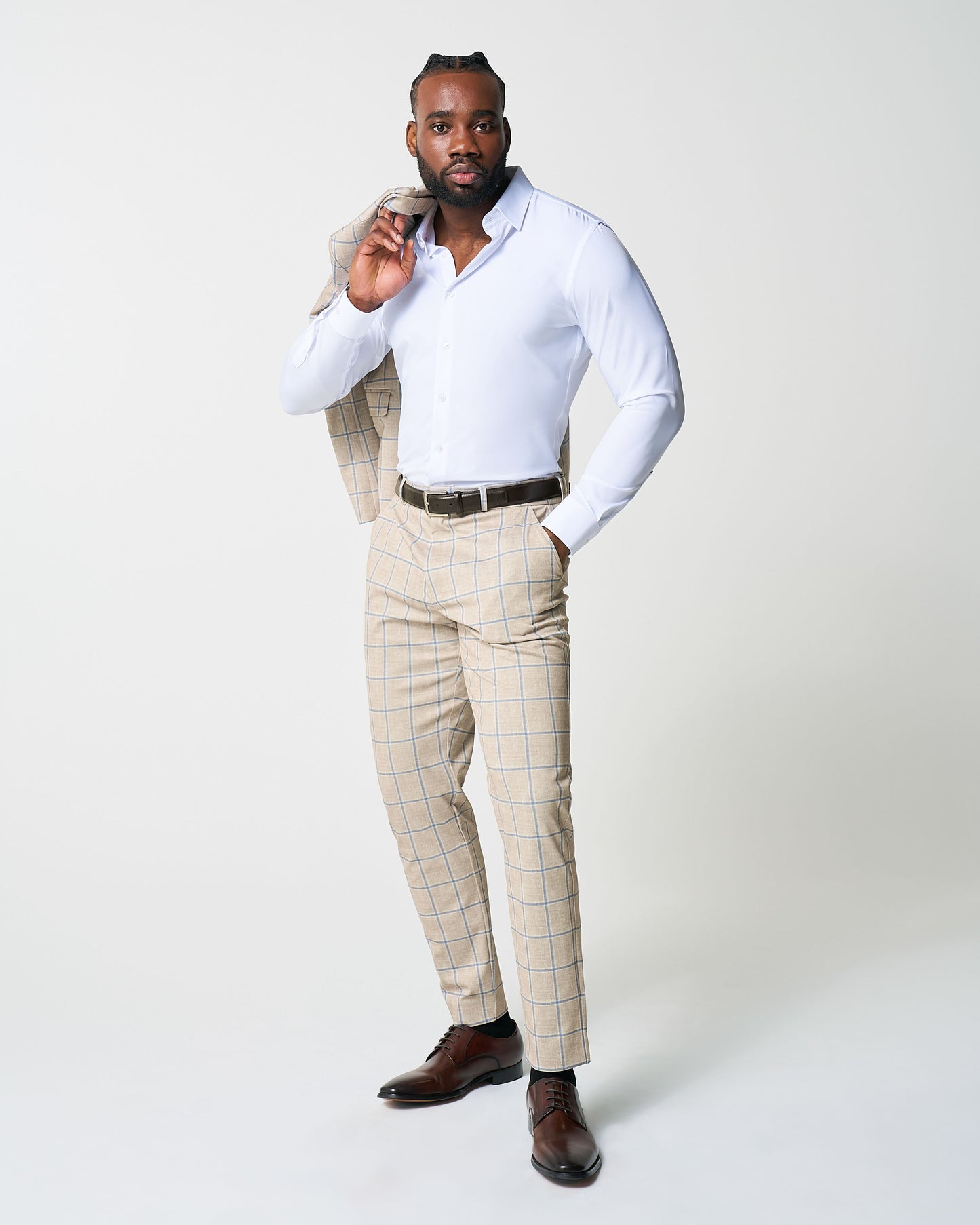 Athletic Fit Stretch Suit - Tan with Big Blue Windowpane