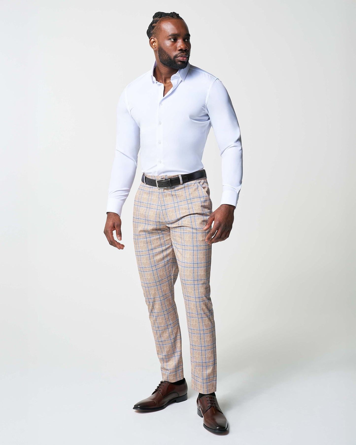 Athletic Fit Stretch Suit - Tan and Blue Plaid