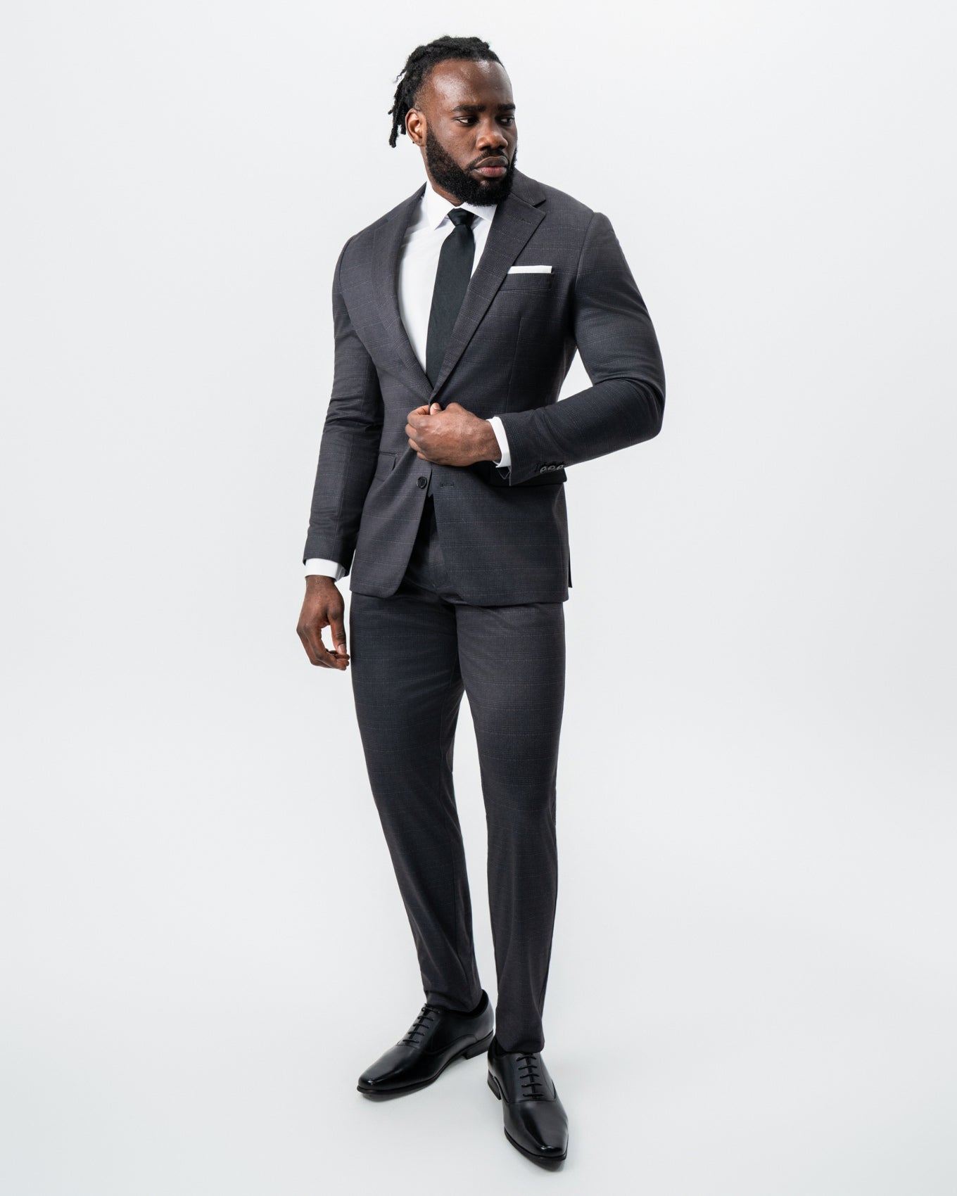 Athletic Fit Stretch Suit - Black and Charcoal Plaid