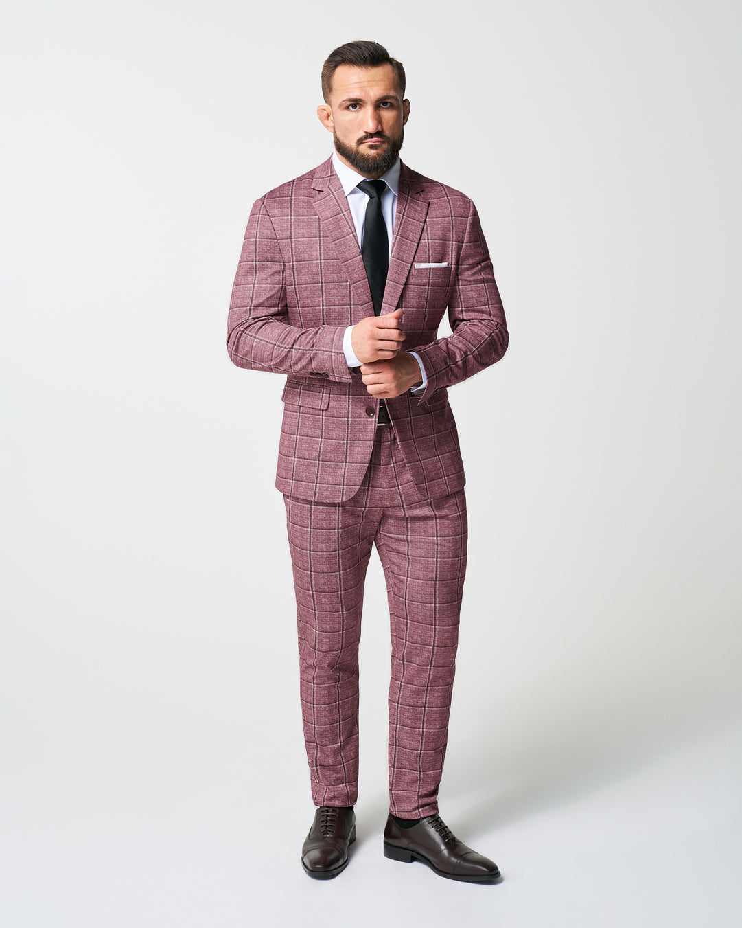 Athletic Fit Stretch Suit - Crimson with Burgundy Big Windowpane