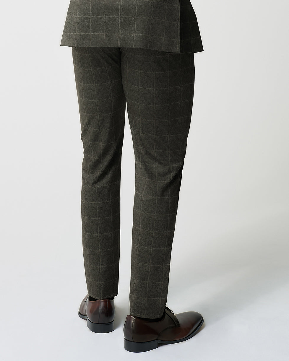 Athletic Fit Stretch Suit Pants - Olive with White Windowpane