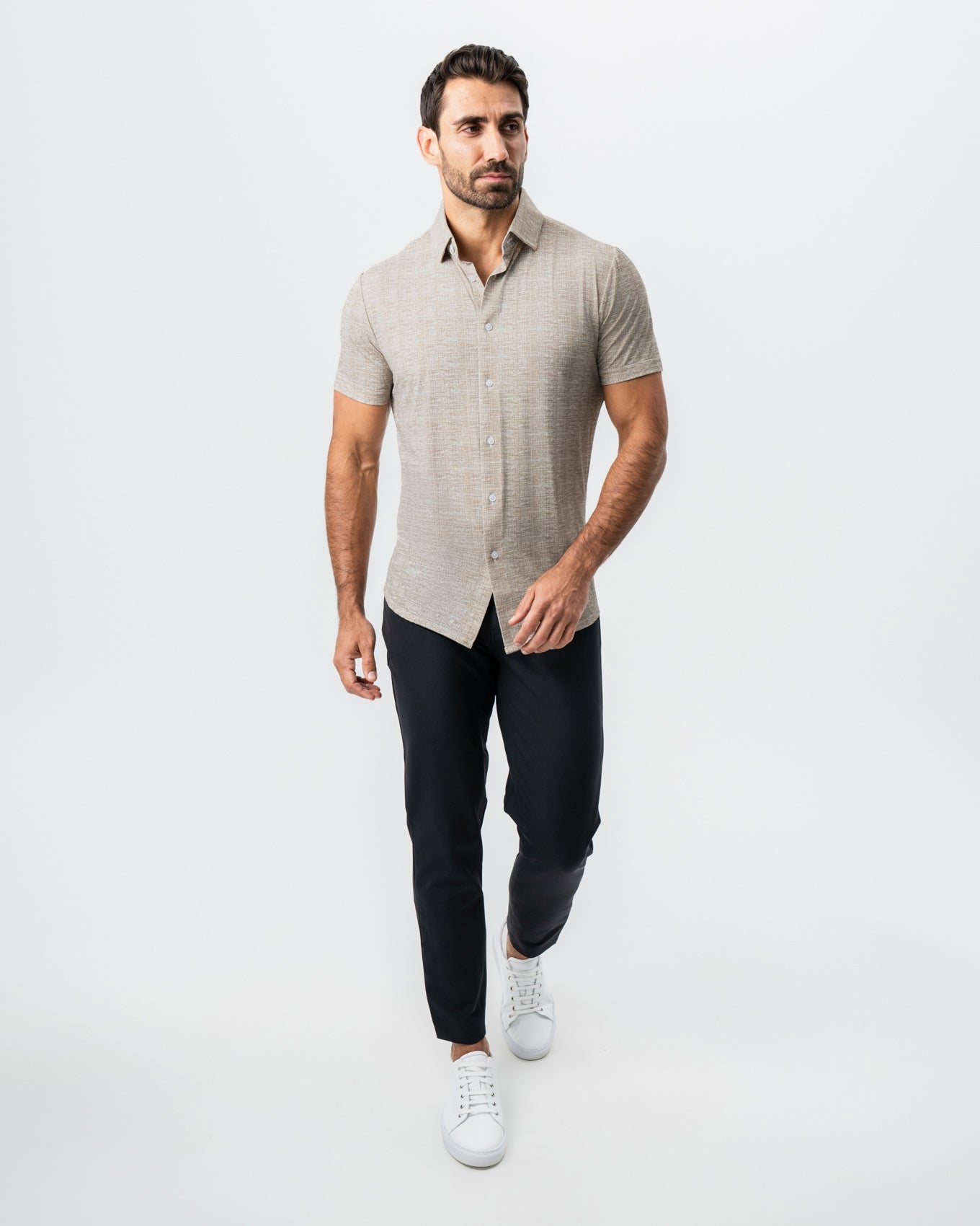 "The Giovanni" Printed Linen Olive Short Sleeve Button Down