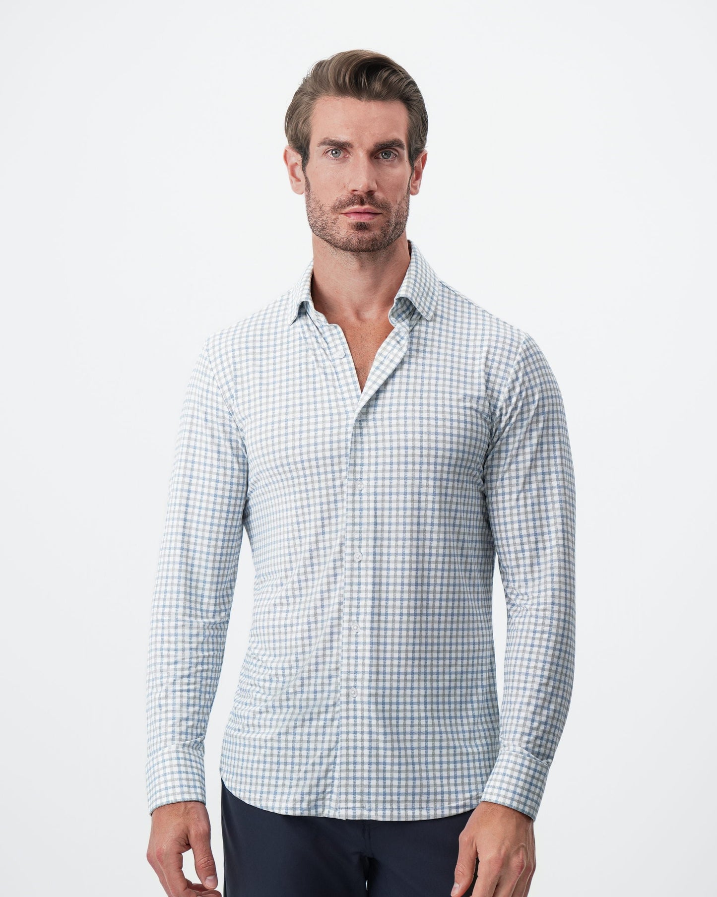 "The Dime" Sport Shirt - White, Grey & Light Blue Windowpane