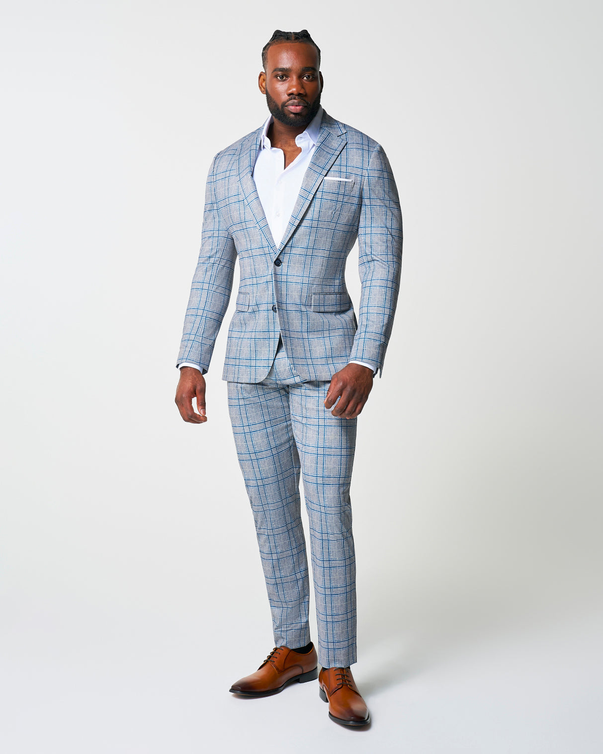 Athletic Fit Stretch Suit - Grey & Royal Blue Plaid