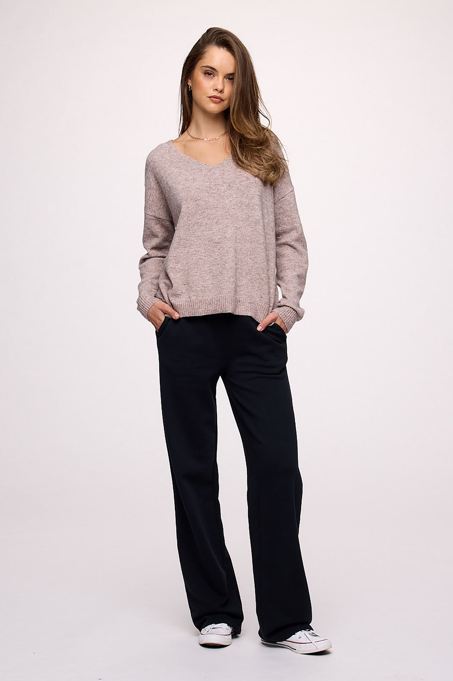 Cozy Knit V-Neck Sweater | Heather Cocoa