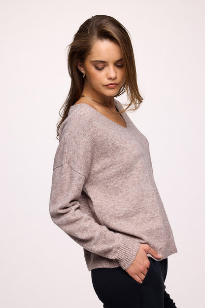 Cozy Knit V-Neck Sweater | Heather Cocoa