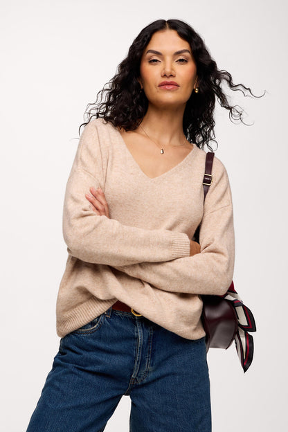 Cozy Knit V-Neck Sweater | Heather Oat