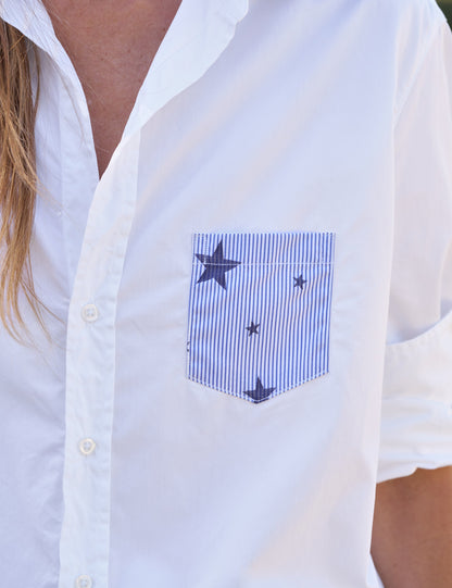 EILEEN White with Navy Star Pocket, Italian Cotton