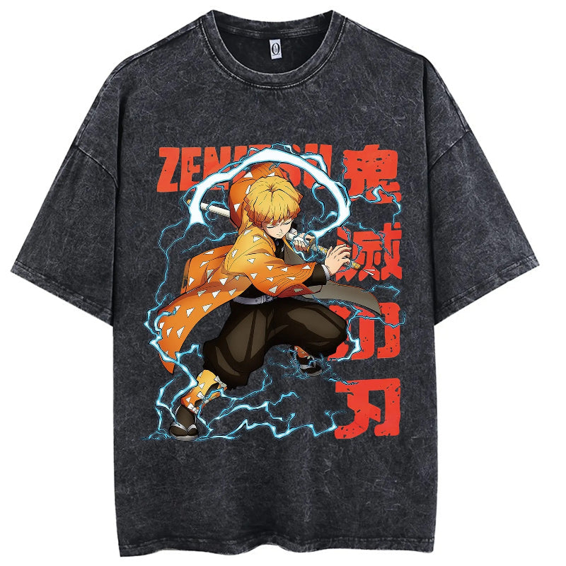 2024Anime Print Japanese Manga Washed T-Shirt Worn Cotton