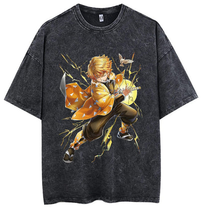 2024Anime Print Japanese Manga Washed T-Shirt Worn Cotton