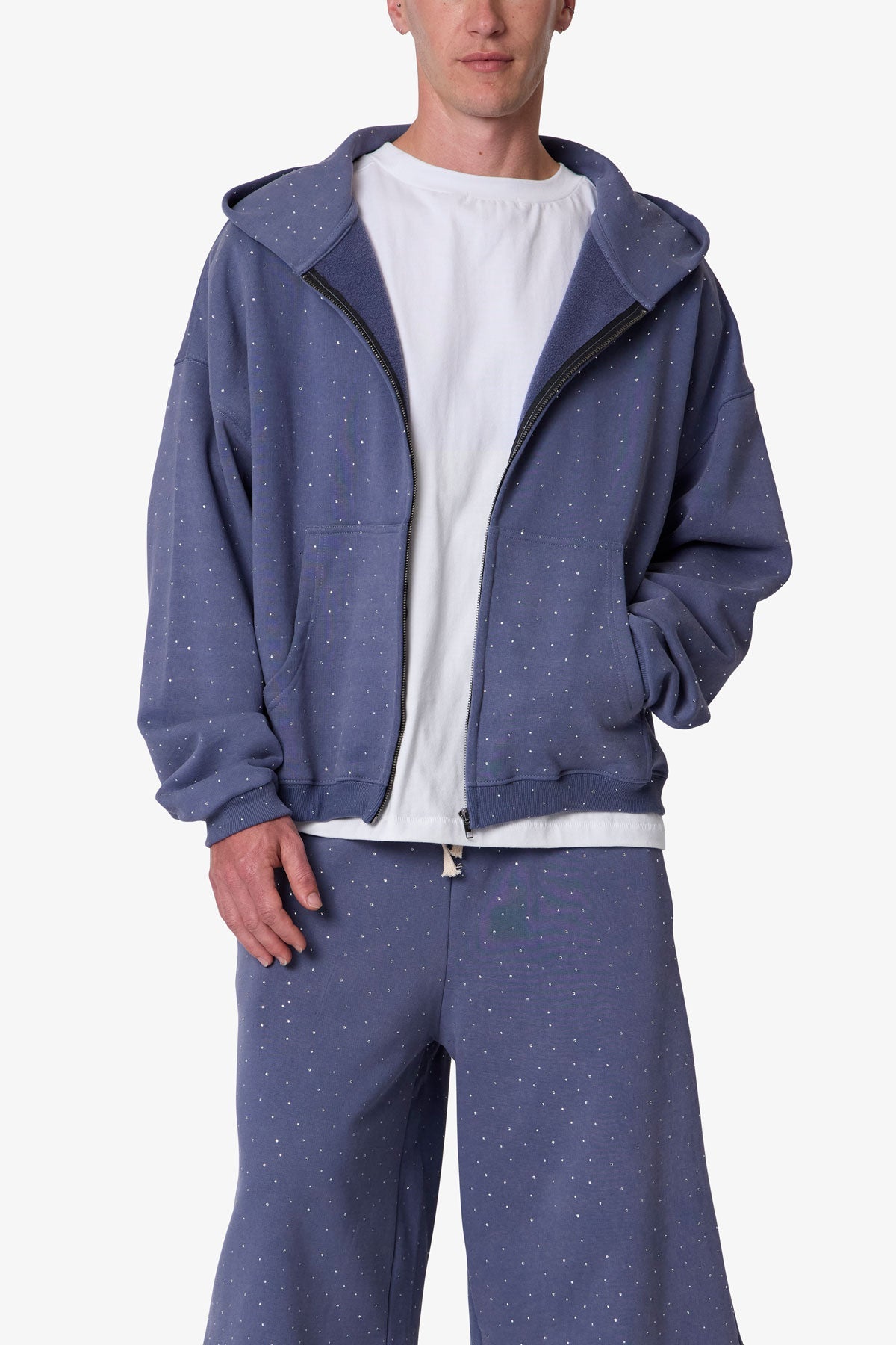 All Over Gemmed Zip Up Hoodie - Blue