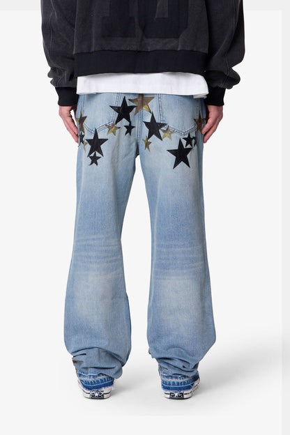 Baggy Camo Star Patch Denim - Medium Blue