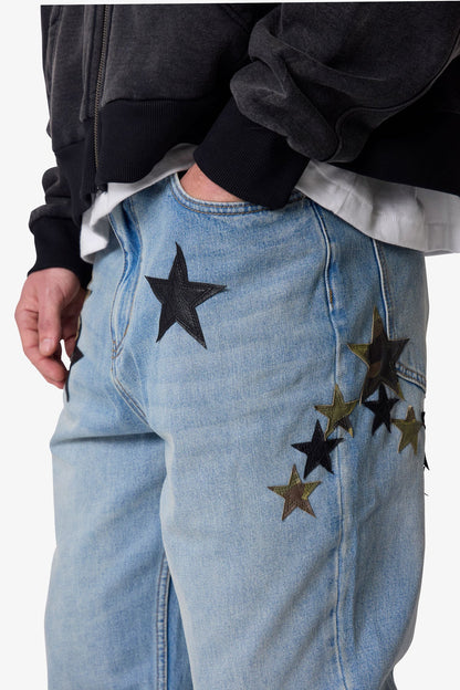 Baggy Camo Star Patch Denim - Medium Blue