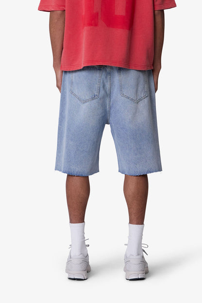 Baggy Cut Off Denim Shorts - Light Blue