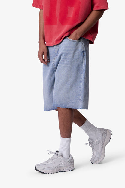 Baggy Cut Off Denim Shorts - Light Blue