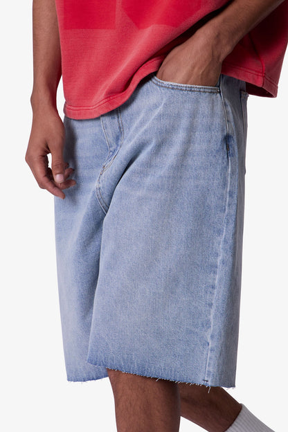 Baggy Cut Off Denim Shorts - Light Blue