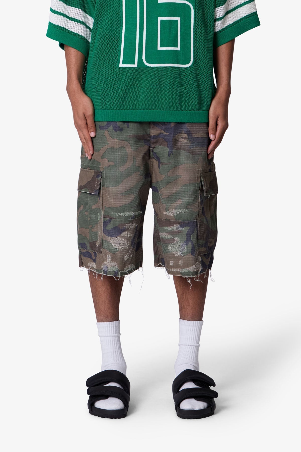 Baggy Distressed Cargo Shorts - Washed Camo