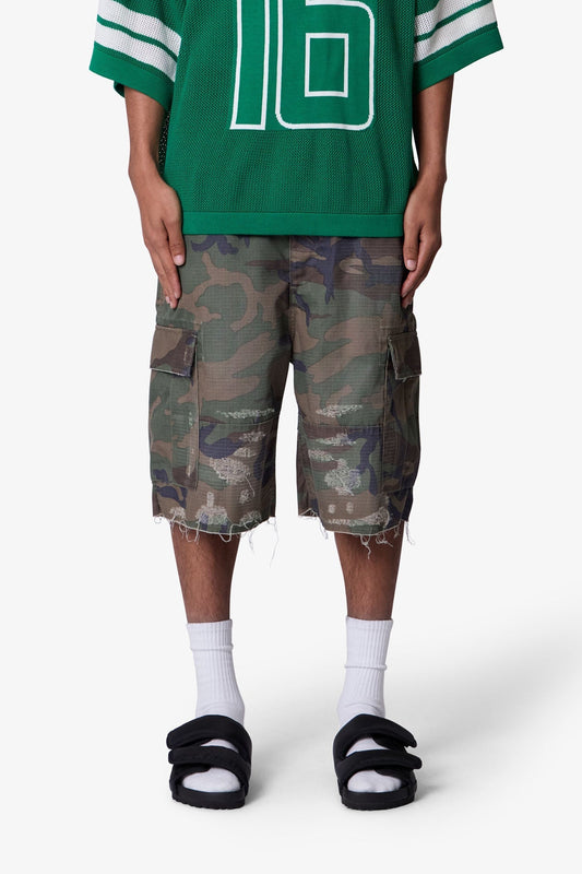 Baggy Distressed Cargo Shorts - Washed Camo