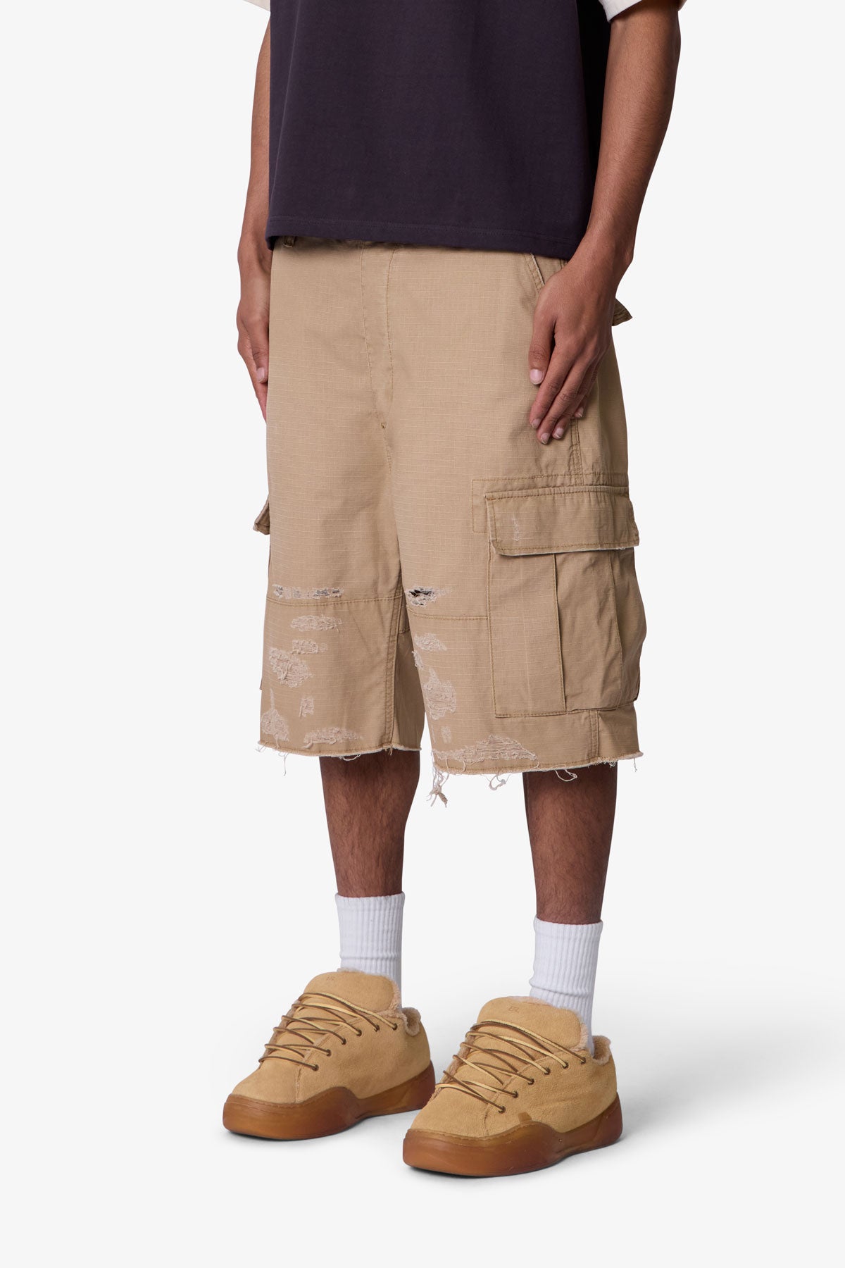 Baggy Distressed Cargo Shorts - Washed Khaki