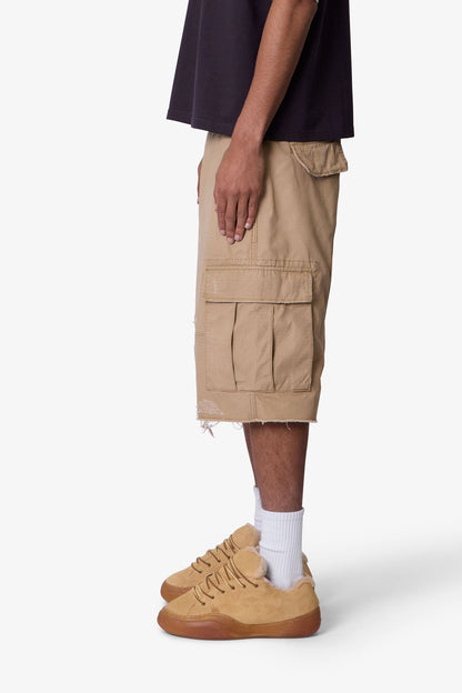 Baggy Distressed Cargo Shorts - Washed Khaki