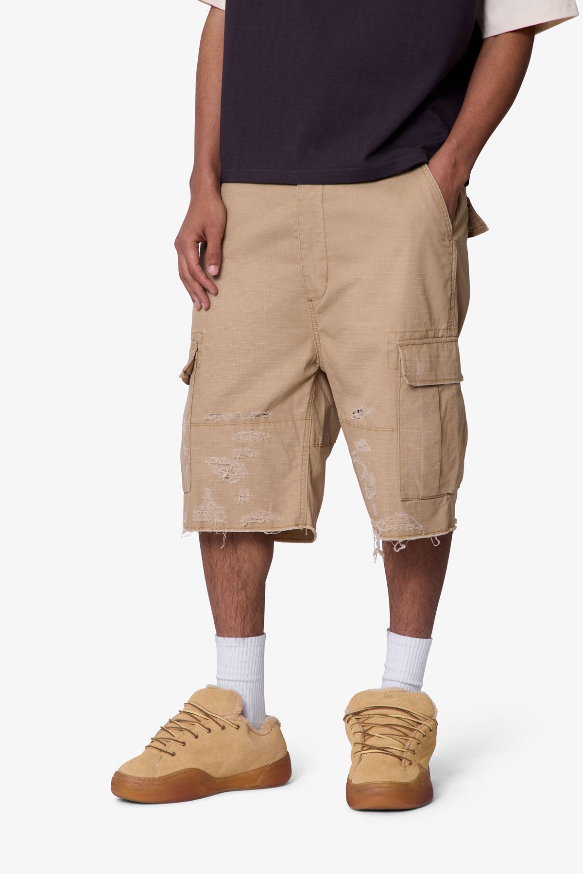 Baggy Distressed Cargo Shorts - Washed Khaki