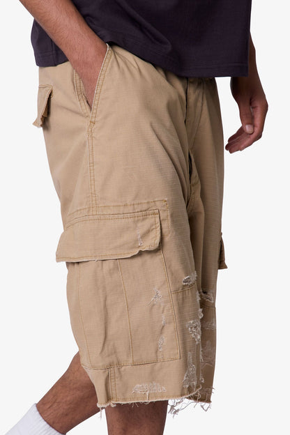 Baggy Distressed Cargo Shorts - Washed Khaki