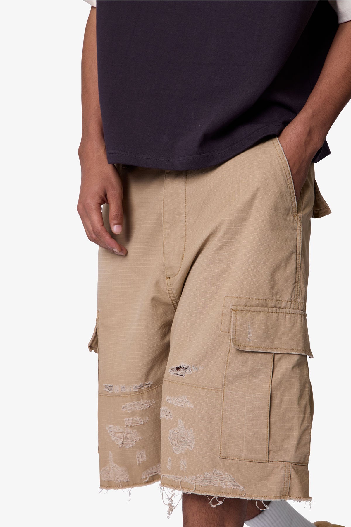 Baggy Distressed Cargo Shorts - Washed Khaki