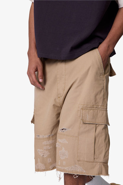 Baggy Distressed Cargo Shorts - Washed Khaki
