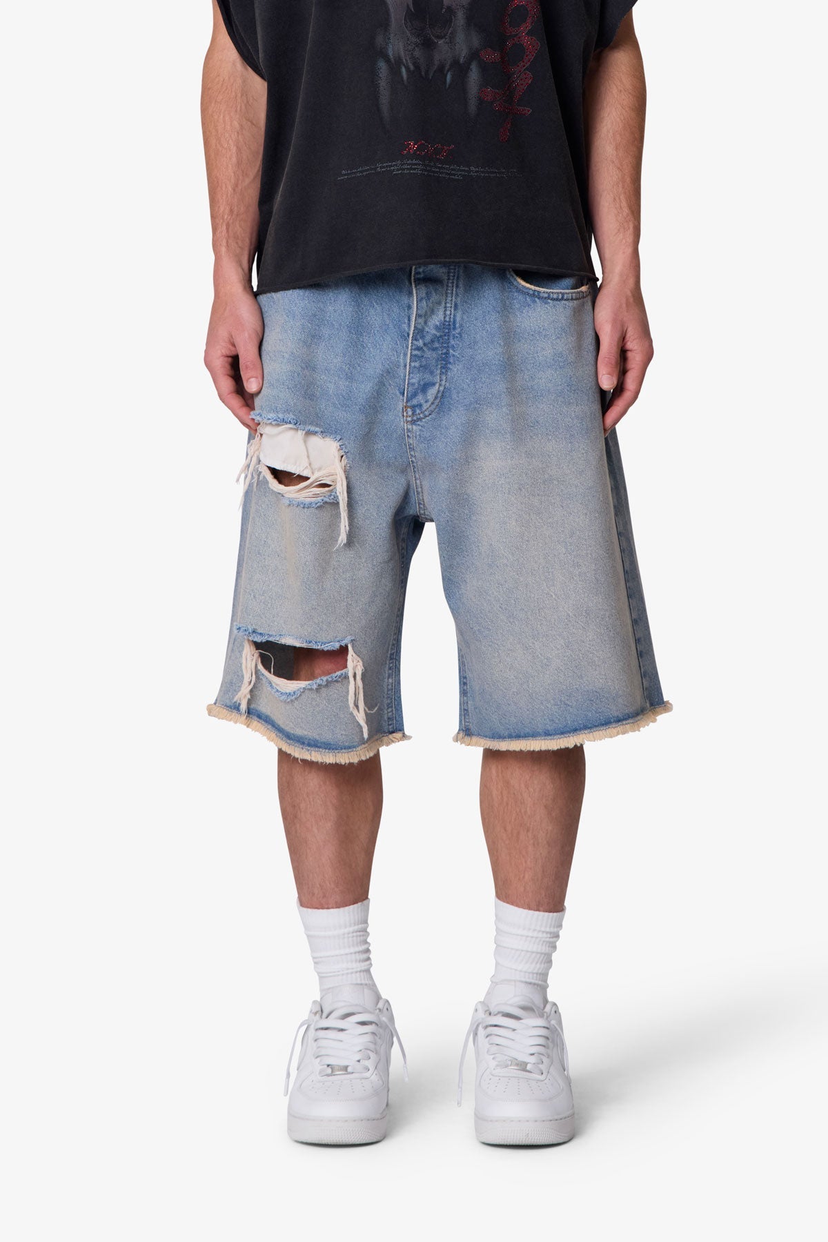 Baggy Distressed Denim Shorts - Light Blue