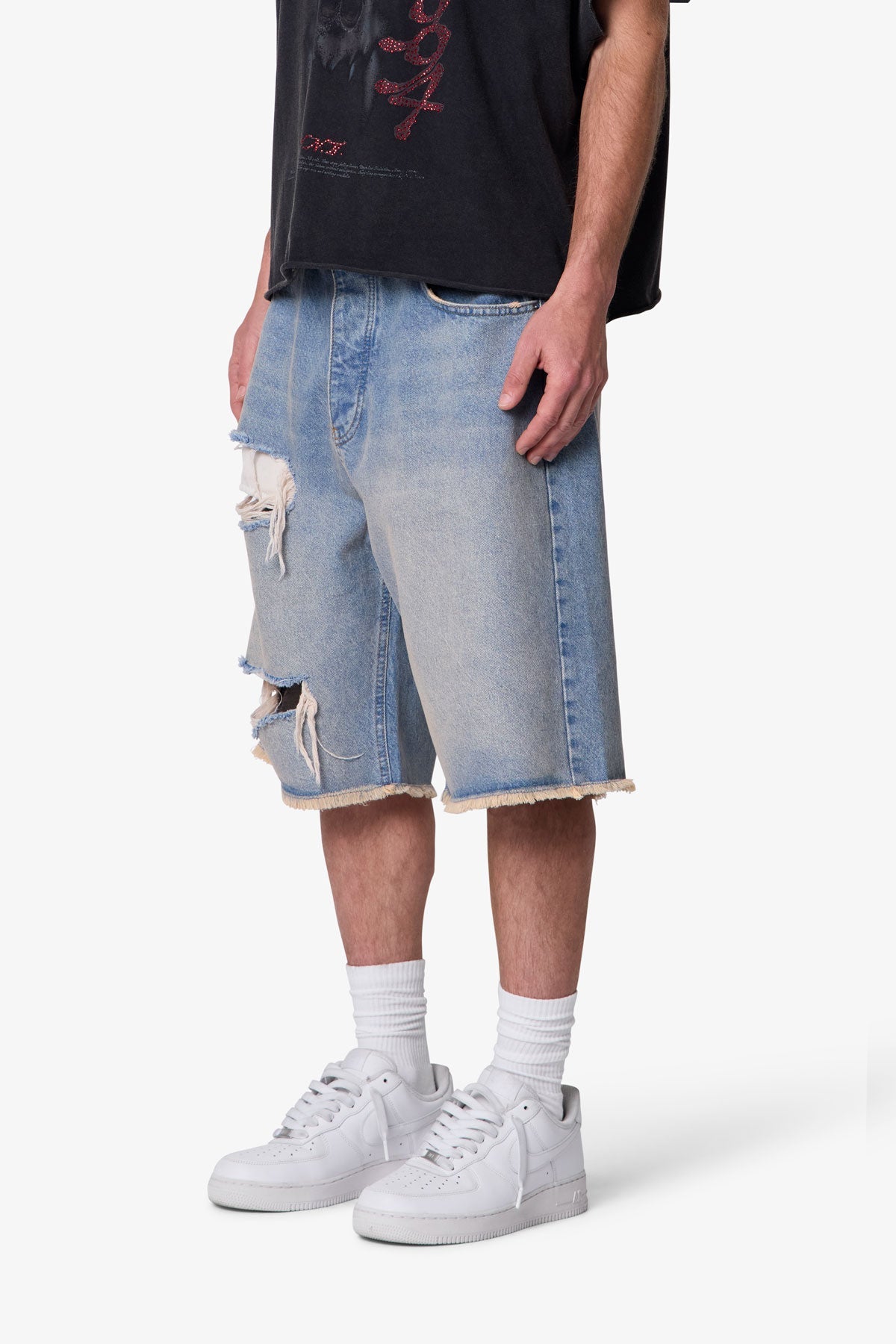 Baggy Distressed Denim Shorts - Light Blue