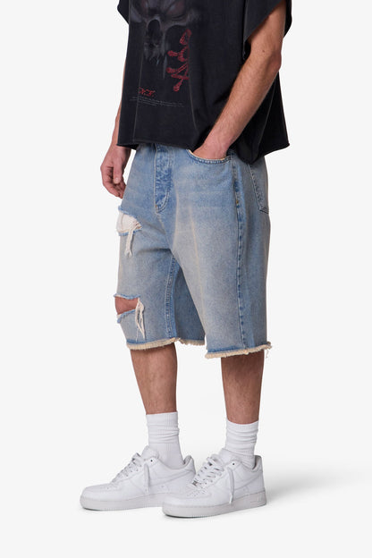 Baggy Distressed Denim Shorts - Light Blue