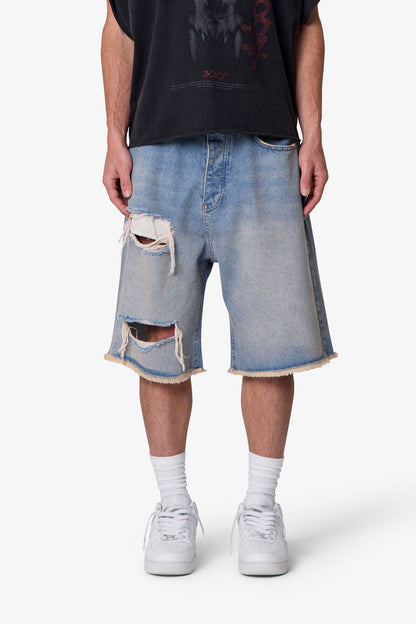 Baggy Distressed Denim Shorts - Light Blue