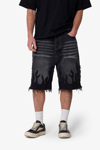 Baggy Flame Denim Shorts - Black