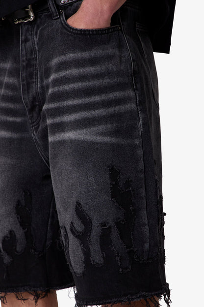 Baggy Flame Denim Shorts - Black
