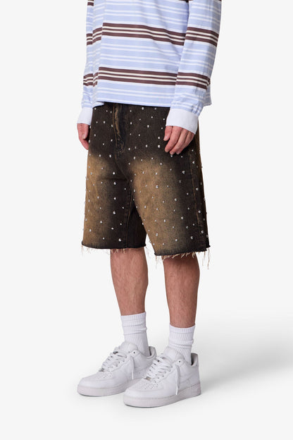 Baggy Studded Denim Shorts - Black