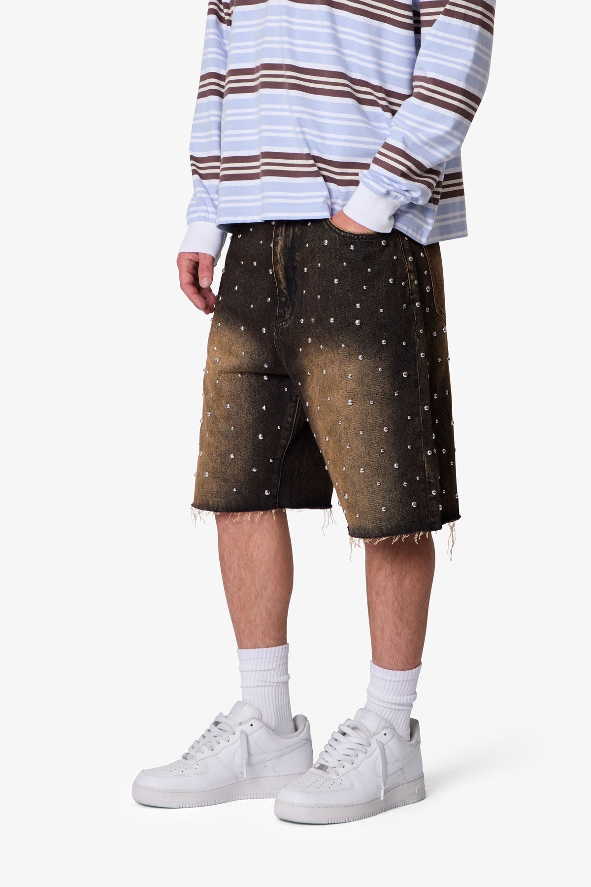 Baggy Studded Denim Shorts - Black