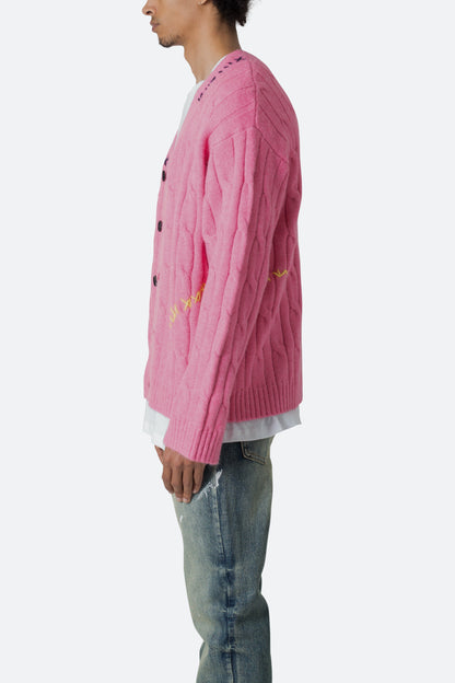 Cable Knit Cardigan Sweater - Pink