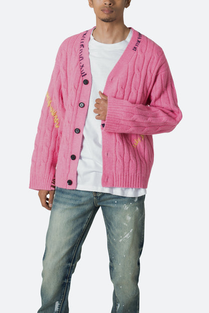 Cable Knit Cardigan Sweater - Pink