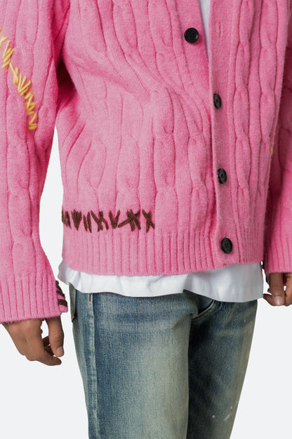 Cable Knit Cardigan Sweater - Pink